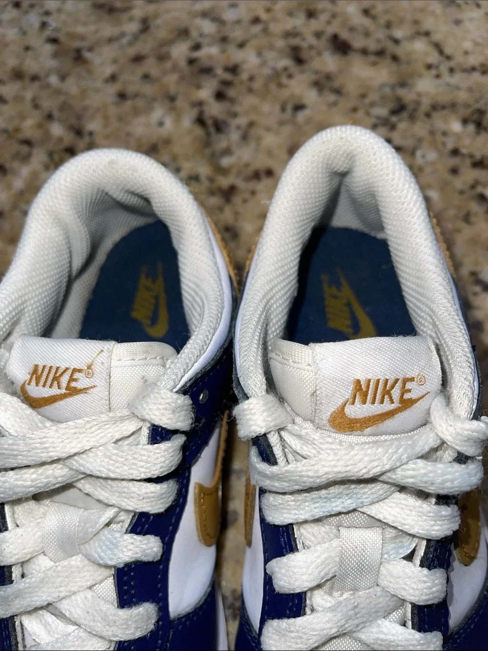 Nike Dunk Low Top Sneakers in White, Navy & Gold